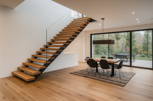 Modern Florida home interior with floating staircase featuring custom hardwood stair treads, glass railing, and open-concept dining area with large windows.