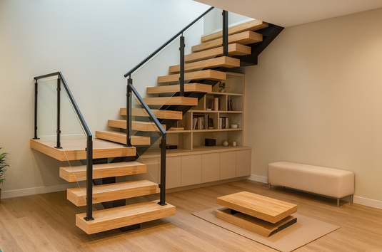 Wide-angle view of a modern luxury Florida home interior with a floating staircase featuring custom hardwood stair treads, glass railings, and open-concept design.