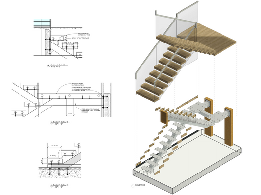 Staircase shop drawing beside a completed TF Stairs floating staircase with wood treads and glass railing.
